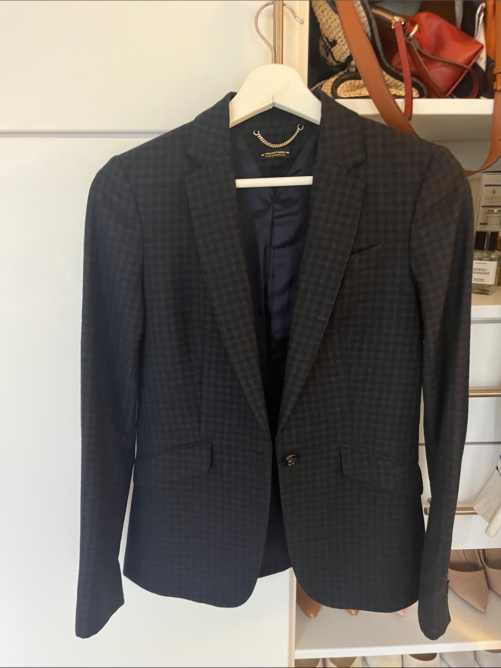 Women waisted wool Dark navy and green Check Blazer  massimo dutti